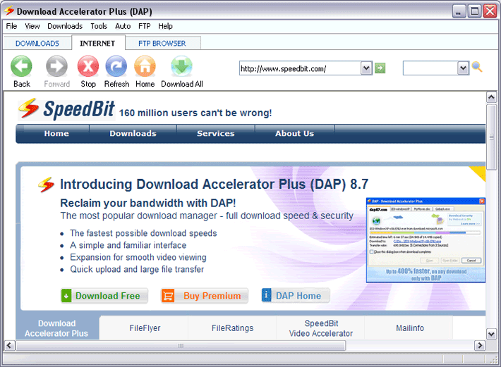 DAP main screen - Internet tab