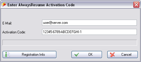 Screenshot of DAP's 'AlwaysResume Activation Code' window