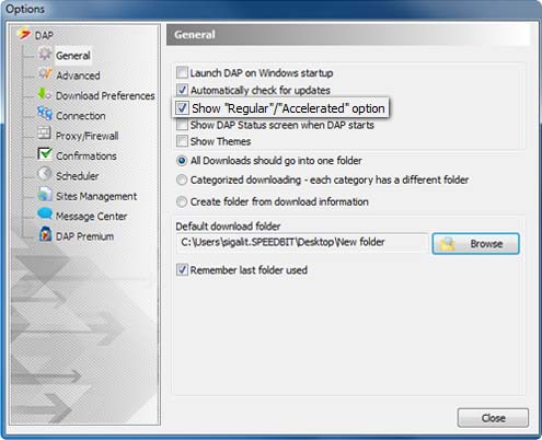 Download Accelerator Plus (DAP) - General Options window screenshot - Accelerate / Regular option