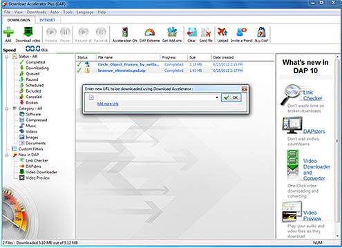 Download Accelerator Plus (DAP) main panel -  Enter new URL to be downloaded screenshot