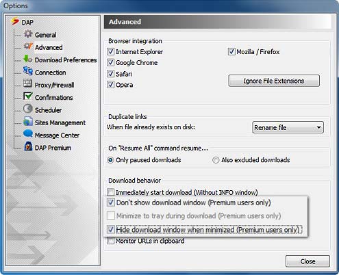 Download Accelerator Plus (DAP) - Advanced Options window screenshot - DAP Premium special options
