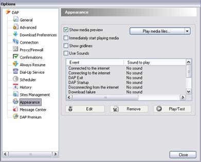 Download Accelerator Plus (DAP) - Appearance Options window screenshot