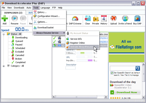 Download Accelerator Plus (DAP) main panel - Activate AlwaysResume screenshot