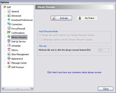 Download Accelerator Plus (DAP) - AlwaysResume Options window screenshot