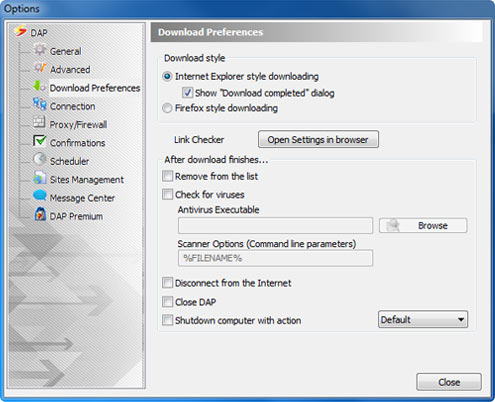 Download Accelerator Plus (DAP) - Download Preferences Options window screenshot - Automatic Disconnect option