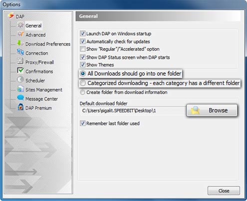 Download Accelerator Plus (DAP) - General Options window screenshot - manage saving folders options