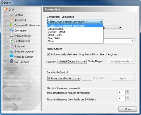 Download Accelerator Plus (DAP) - Connection Options window screenshot - Select your internet connection option
