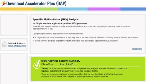 Download Accelerator Plus (DAP) main panel screenshot - DAP Download Security (MAV) analysis