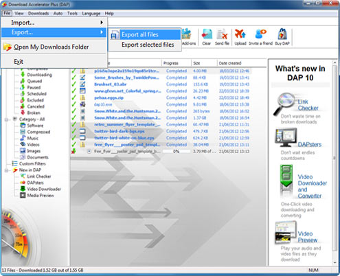 Download Accelerator Plus (DAP) main panel - File menu screenshot - Import / Export option