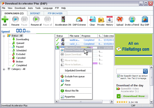 Download Accelerator Plus (DAP) main panel - Resume Download option screenshot