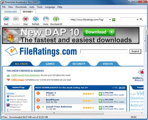 Download Accelerator Plus (DAP) - Internet tab screenshot - Search for files using fileratings.com