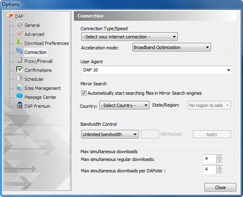 Download Accelerator Plus (DAP) - Connection Options window screenshot - Mirror Search option