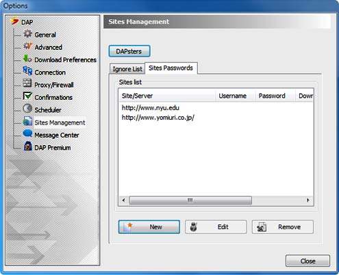 Download Accelerator Plus (DAP) - Sites Management Options - Sites Passwords window screenshot