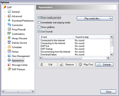 Download Accelerator Plus (DAP) - Apperance Options window screenshot - Use Sounds option