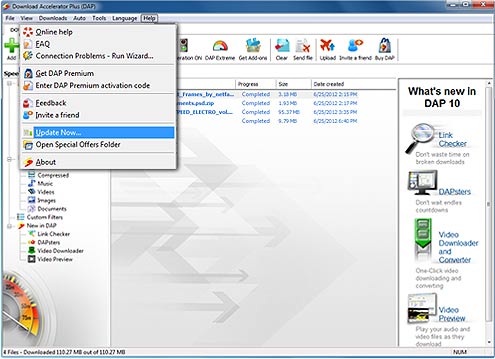Download Accelerator Plus (DAP) main panel - DAP Update Now screenshot