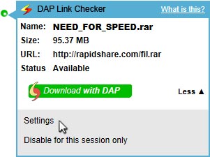 Screenshot of DAP Link Checker information screen - Settings