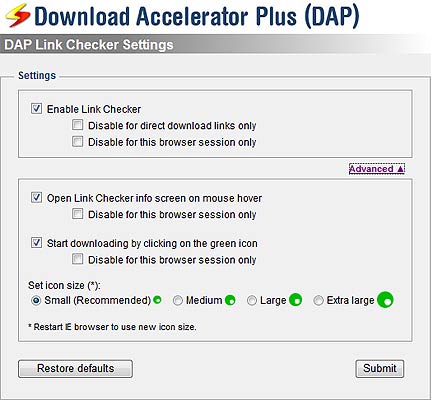 Screenshot of DAP Link Checker Settings window
