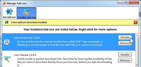Screenshot of disabling and removing Download Accelerator Plus (DAP) Add-ons
