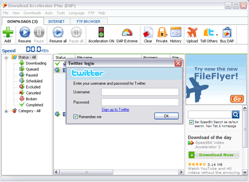 Download Accelerator Plus (DAP) - Twitter update window screenshot