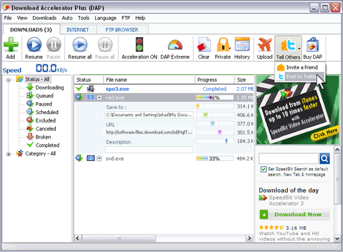 Download Accelerator Plus (DAP) main panel - Tell Others button - Post to Twitter option screenshot