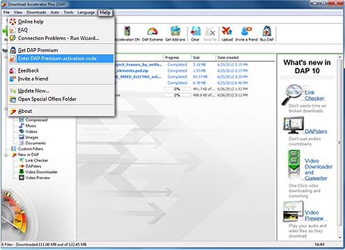 Download Accelerator Plus (DAP) Premium main panel - Enter DAP Premium activation code screenshot 